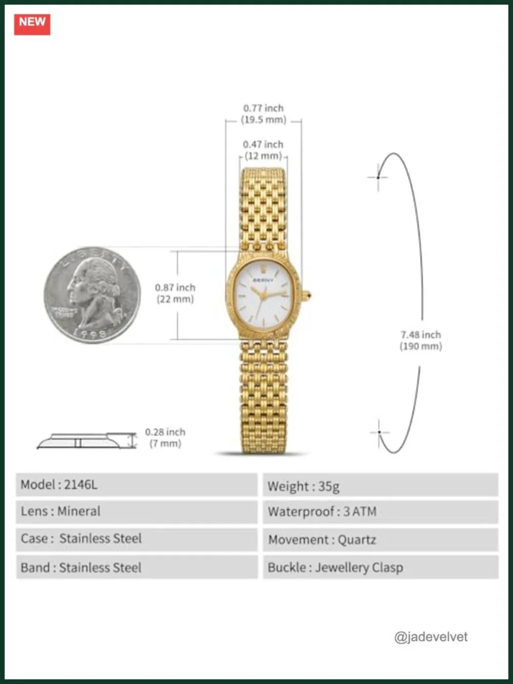 Vintage Gold Oval Quartz Watch for Women, Stainless Steel Bracelet, 3ATM
